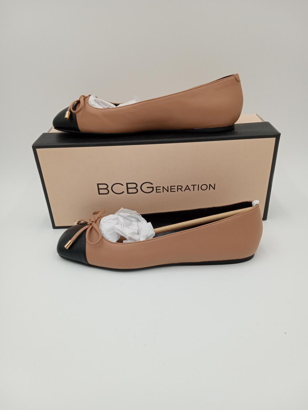 BCBGeneration Hartly Ballet Flats Shoes Womens Tan Black Cap Toe Bow Size 6.5